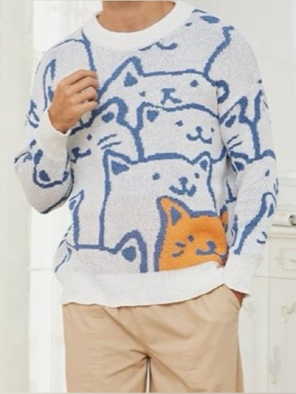 Roven Dino White  Cat Graphic Sweater Boxy Pullover Kawaii Harajuku Twee XXL